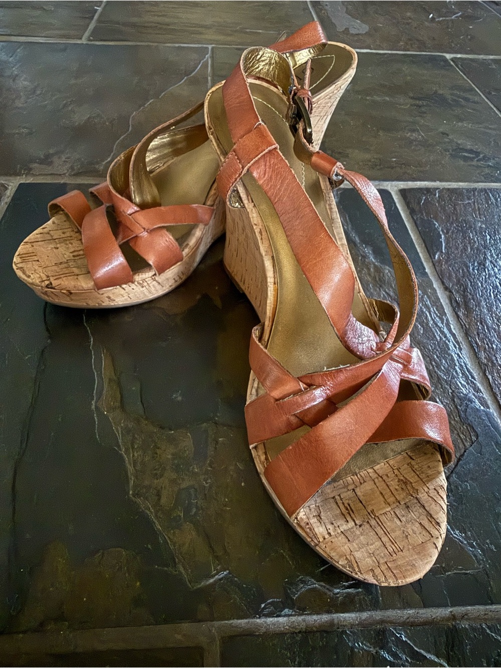 Guess Wedding Guest Summer Strappy Brown Leather Cork Wedge Sandals